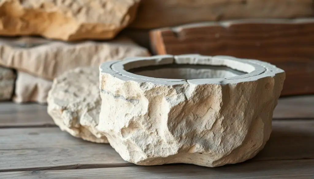 A rustic stone planter resting on a wooden surface, its rough-hewn texture and natural hues complementing the earthy tones of the environment. Soft, natural lighting gently illuminates the irregular shapes and subtle imperfections of the hand-crafted stonework, evoking a sense of timeless craftsmanship. In the foreground, the planter's simple, unadorned design showcases the inherent beauty of the locally sourced stone, inviting the viewer to imagine its potential for a tranquil, nature-inspired display. The overall scene exudes a sense of rustic charm and simple elegance, perfectly suited to showcase the charming appeal of a homemade stone planter. A rustic stone planter resting on a wooden surface, its rough-hewn texture and natural hues complementing the earthy tones of the environment. Soft, natural lighting gently illuminates the irregular shapes and subtle imperfections of the hand-crafted stonework, evoking a sense of timeless craftsmanship. In the foreground, the planter's simple, unadorned design showcases the inherent beauty of the locally sourced stone, inviting the viewer to imagine its potential for a tranquil, nature-inspired display. The overall scene exudes a sense of rustic charm and simple elegance, perfectly suited to showcase the charming appeal of a homemade stone planter.