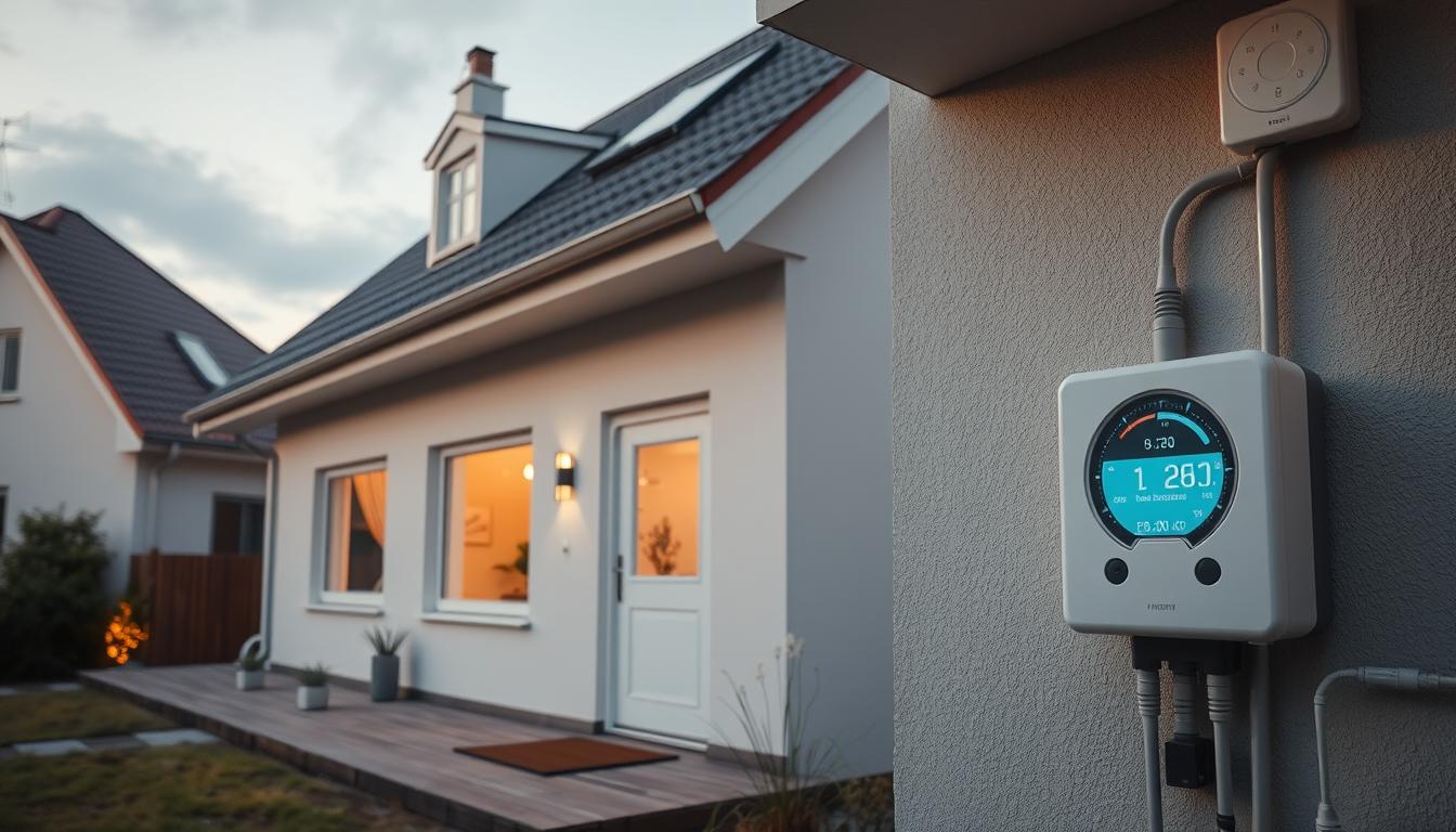 Dom jednorodzinny z widocznymi urządzeniami elektrycznymi i licznikiem energii