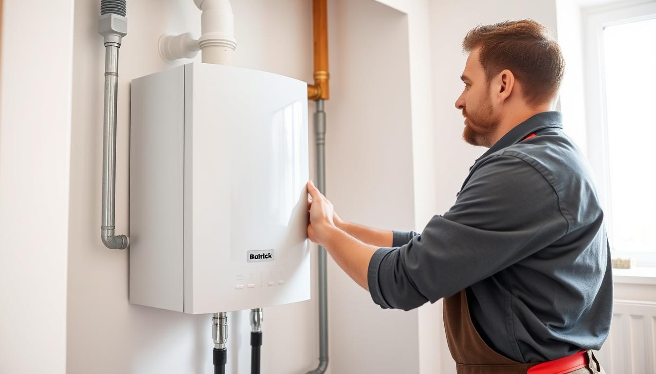 Hydraulik montujący piec CO w nowoczesnej kotłowni domowej