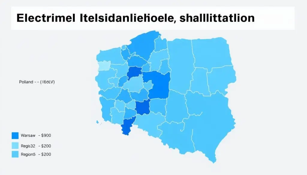 Mapa Polski pokazująca różnice w kosztach instalacji elektrycznej w domu 80m2 w różnych regionach Mapa Polski pokazująca różnice w kosztach instalacji elektrycznej w domu 80m2 w różnych regionach