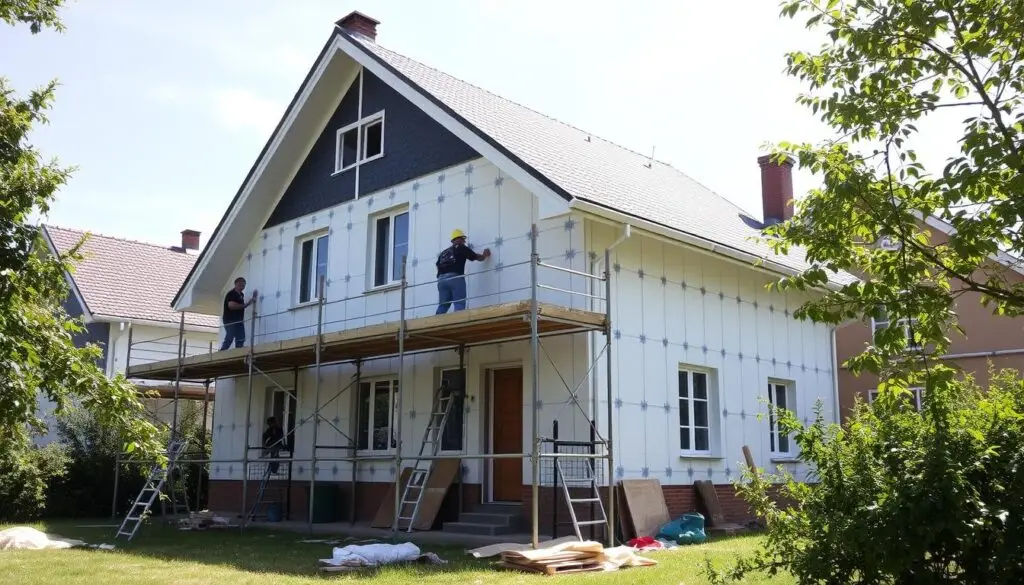 Typowy dom jednorodzinny o powierzchni około 150 m² podczas prac elewacyjnych
