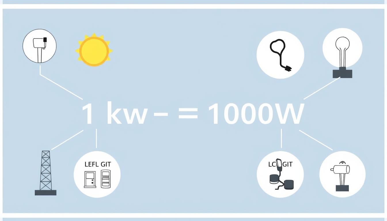 Wizualizacja jednostek mocy elektrycznej - wat i kilowat z podstawowym wzorem 1 kW = 1000 W