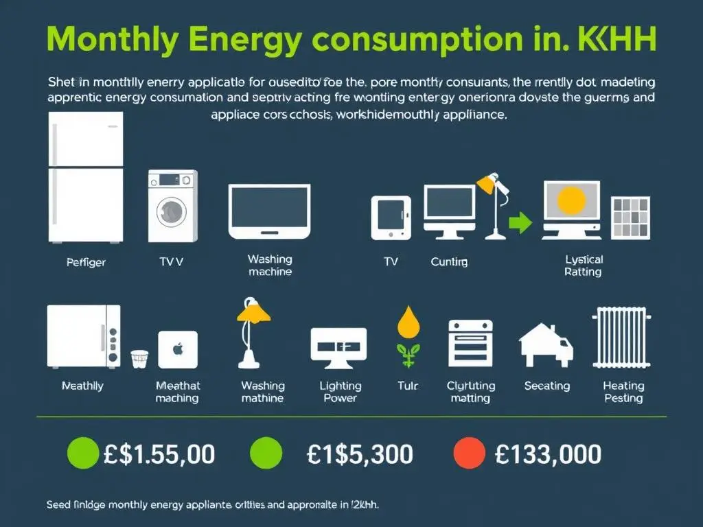 Wizualizacja zużycia energii przez różne urządzenia domowe w kWh miesięcznie