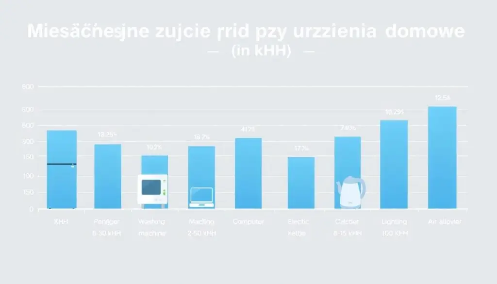 Wykres zużycia energii elektrycznej przez różne urządzenia domowe w kWh miesięcznie