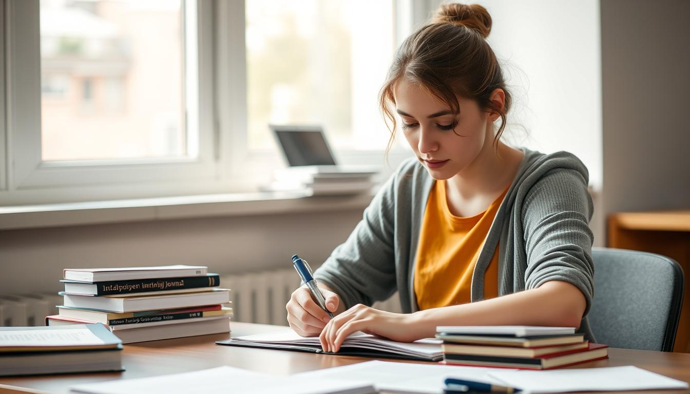 Student wypełniający dziennik praktyk przy biurku