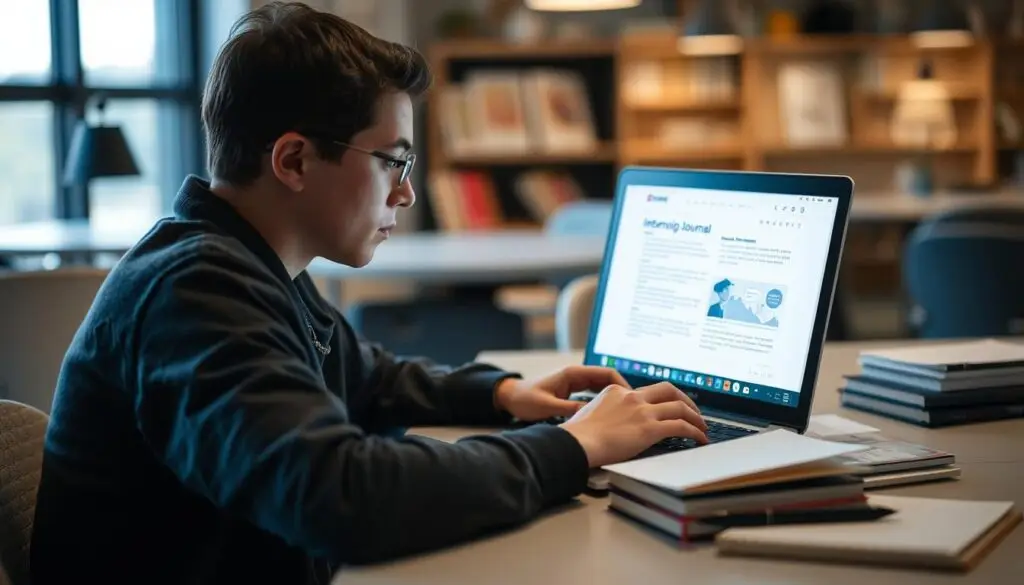 Student wypełniający elektroniczny dziennik praktyk na laptopie
