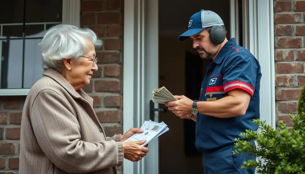 Listonosz doręczający emeryturę seniorom - ile zarabia listonosz Listonosz doręczający emeryturę seniorom - ile zarabia listonosz