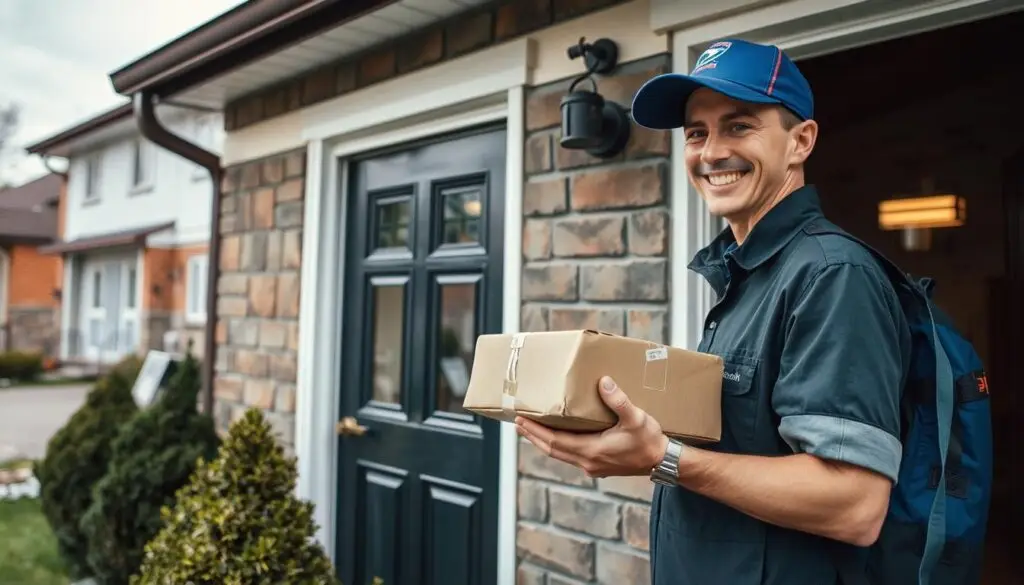 Listonosz doręczający paczkę - codzienna praca listonosza w Polsce Listonosz doręczający paczkę - codzienna praca listonosza w Polsce