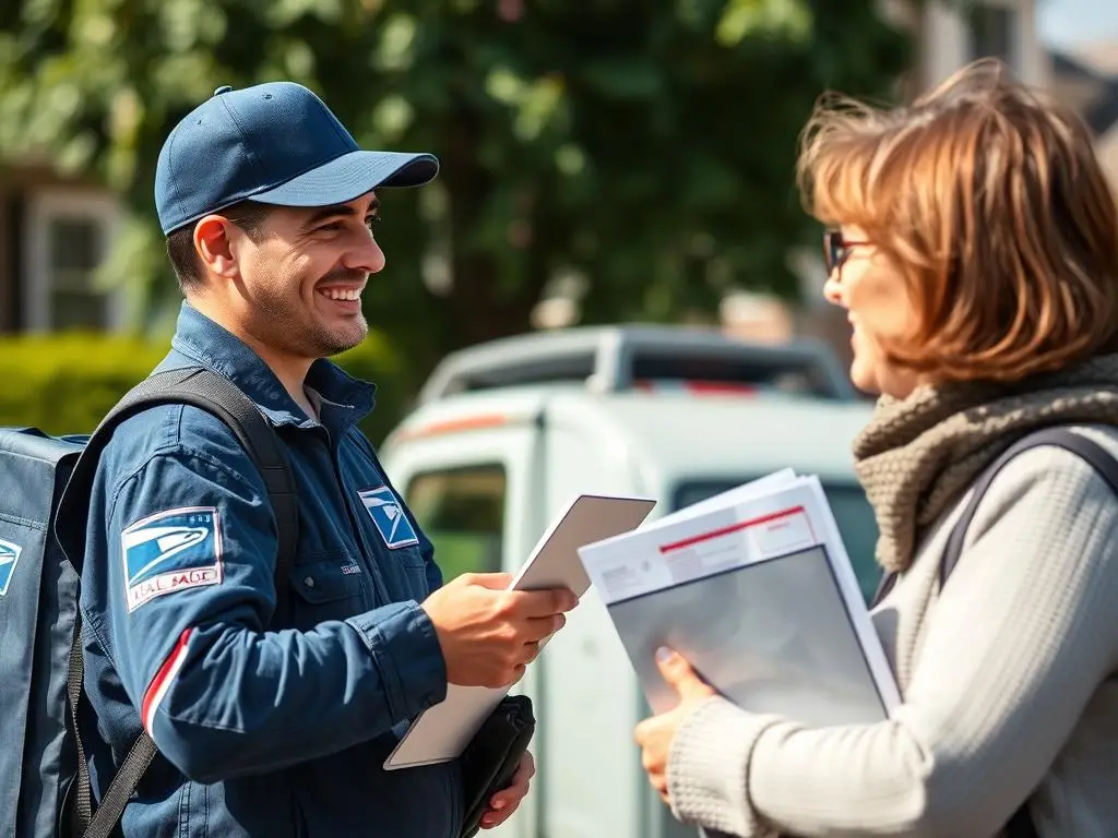Listonosz rozmawiający z klientem - umiejętności interpersonalne w pracy listonosza Listonosz rozmawiający z klientem - umiejętności interpersonalne w pracy listonosza