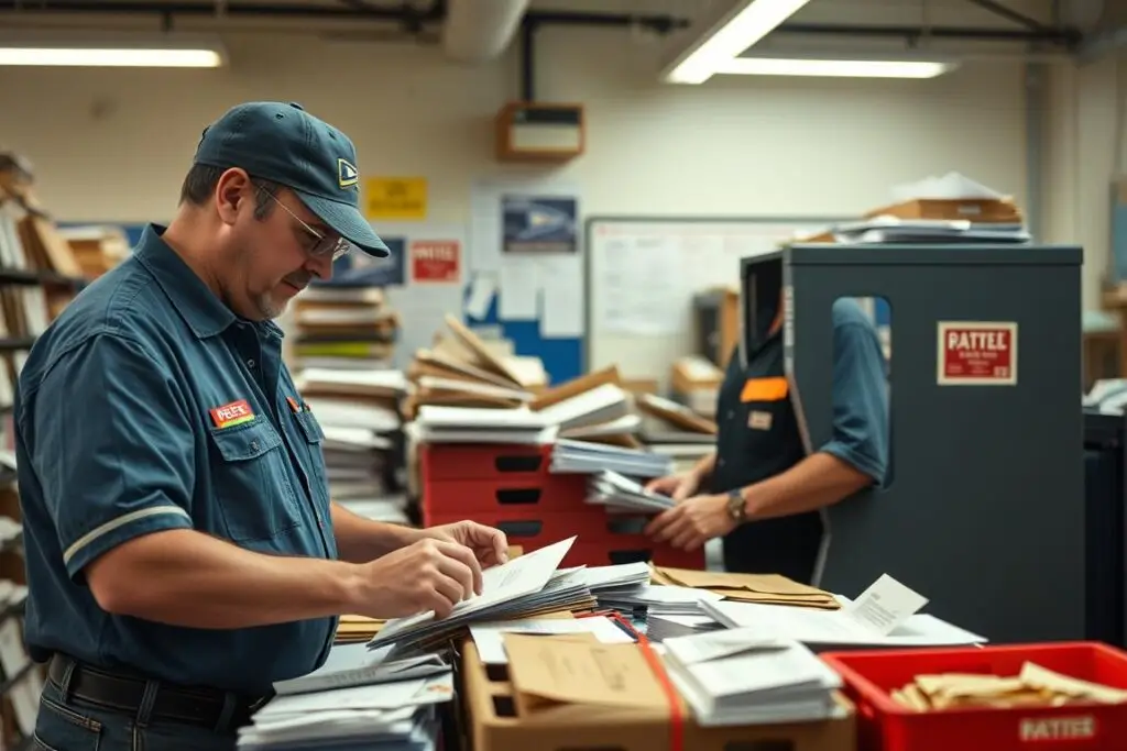 Listonosz sortujący listy w urzędzie pocztowym - ile zarabia listonosz poczta polska Listonosz sortujący listy w urzędzie pocztowym - ile zarabia listonosz poczta polska