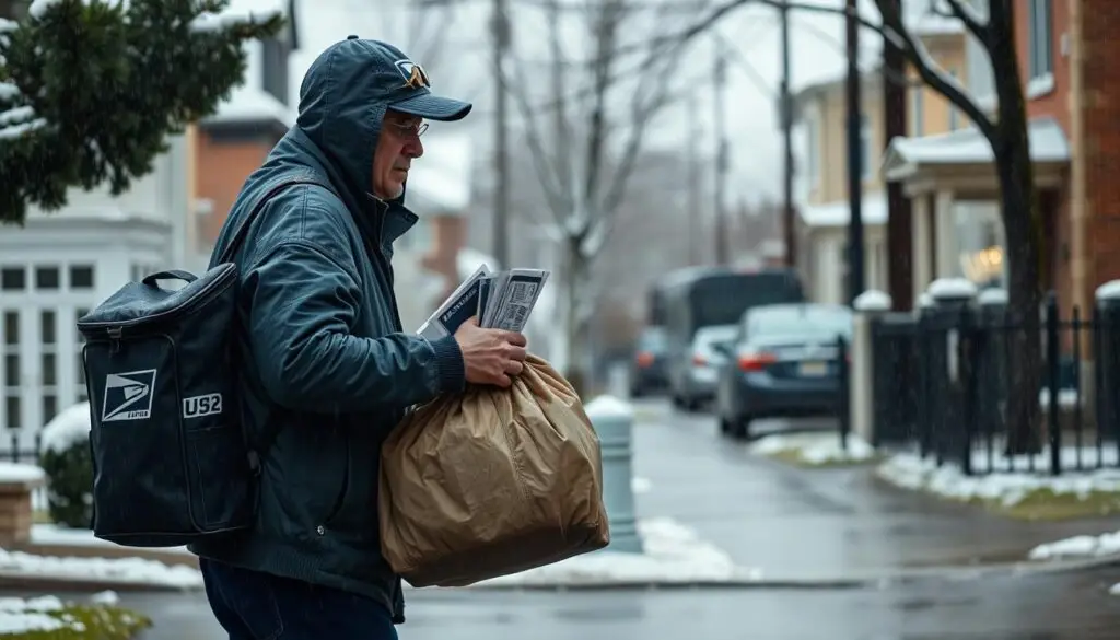 Listonosz w trudnych warunkach pogodowych - praca listonosza Listonosz w trudnych warunkach pogodowych - praca listonosza