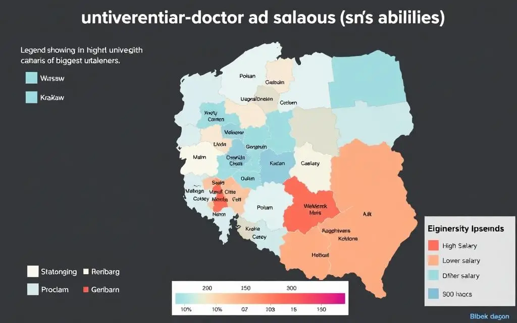 Mapa Polski pokazująca różnice w zarobkach doktorów na uczelniach w różnych regionach