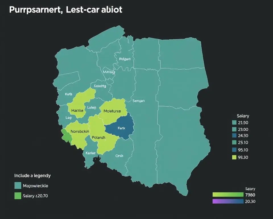 Mapa Polski pokazująca różnice w zarobkach stolarzy w różnych regionach, ile zarabia stolarz