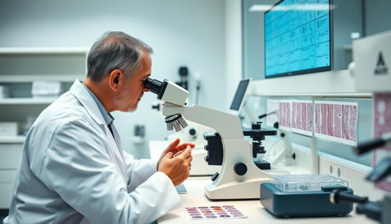 Patomorfolog pracujący przy mikroskopie w laboratorium medycznym